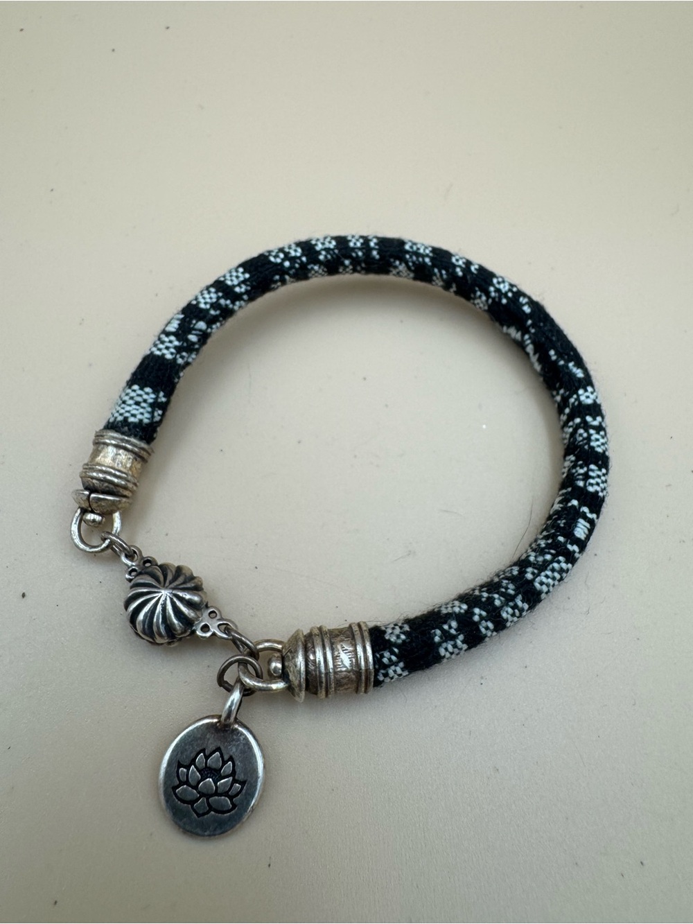 Artisan Black and White Woven Lotus Charm Bracelet 125